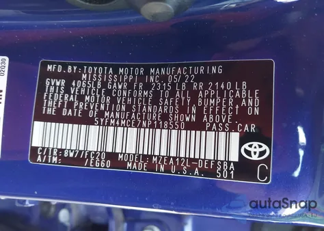 2022 Toyota Corolla Se 6Mt from USA, damaged, VIN 5YFM4MCE7NP118550